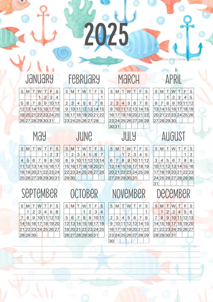 Free Printable 2025 Sea Themed Calendar - Under the sea 2025 monthly calendar and more free designs. Get your free download now! #freeprintable #cutefreebiesforyou #thelittlemermaid #underthesea