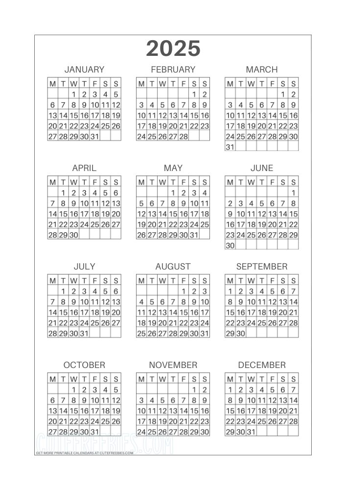 Download 2025 Printable Calendar Templates - Free printable monthly calendar with large numbers for wall calendar, desk monthly calendar #cutefreebiesforyou #2025