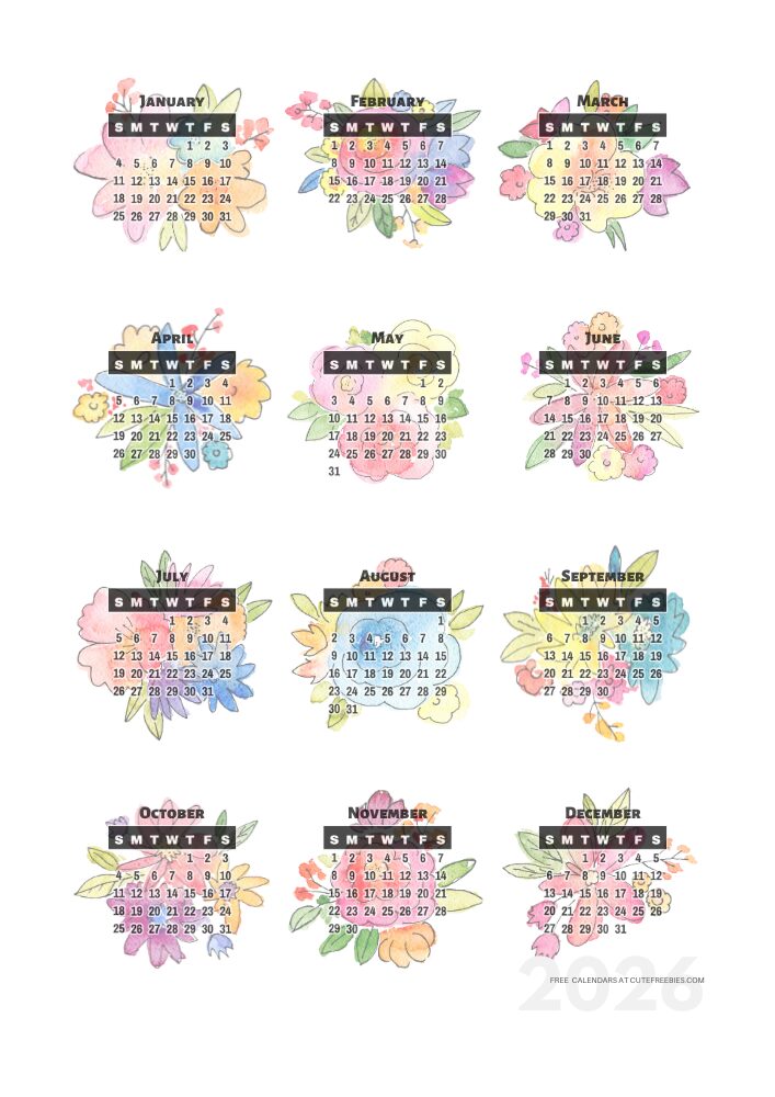 2026 free printable 12 month calendar - cute flowers calendar stickers - SEE PREVIOUS POST TO DOWNLOAD THE PDF #cutefreebiesforyou