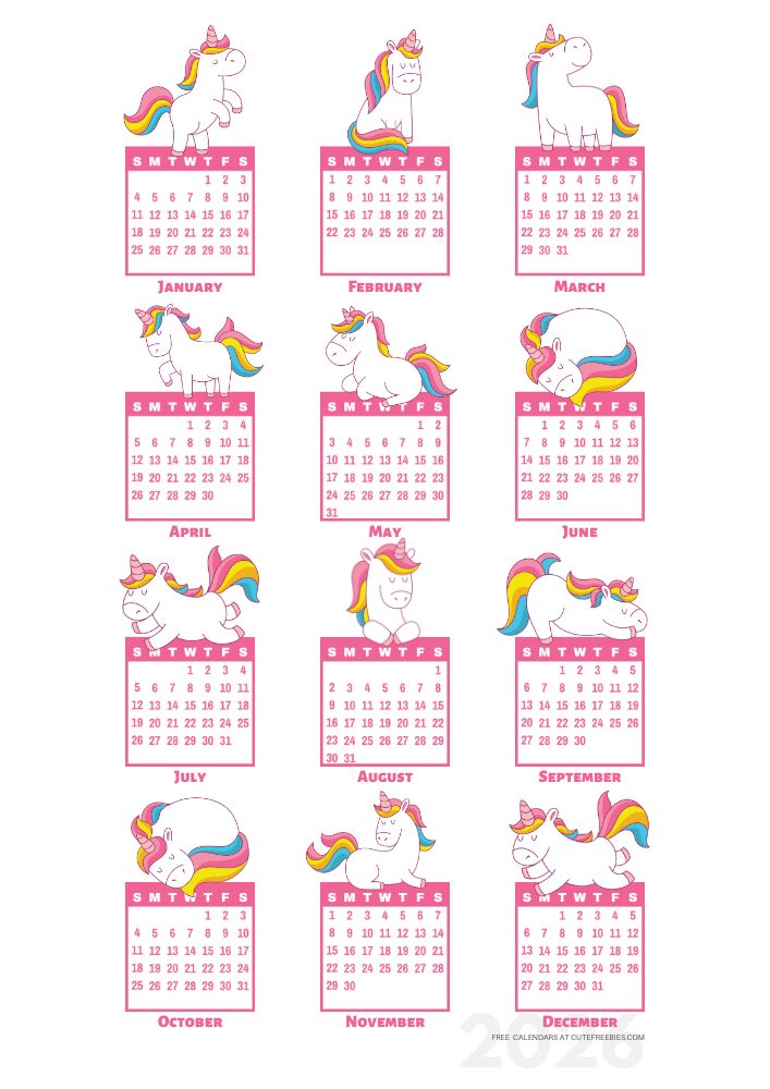 Year 2026 free printable 12 month calendar - cute unicorns calendar stickers - SEE PREVIOUS POST TO DOWNLOAD THE PDF #cutefreebiesforyou