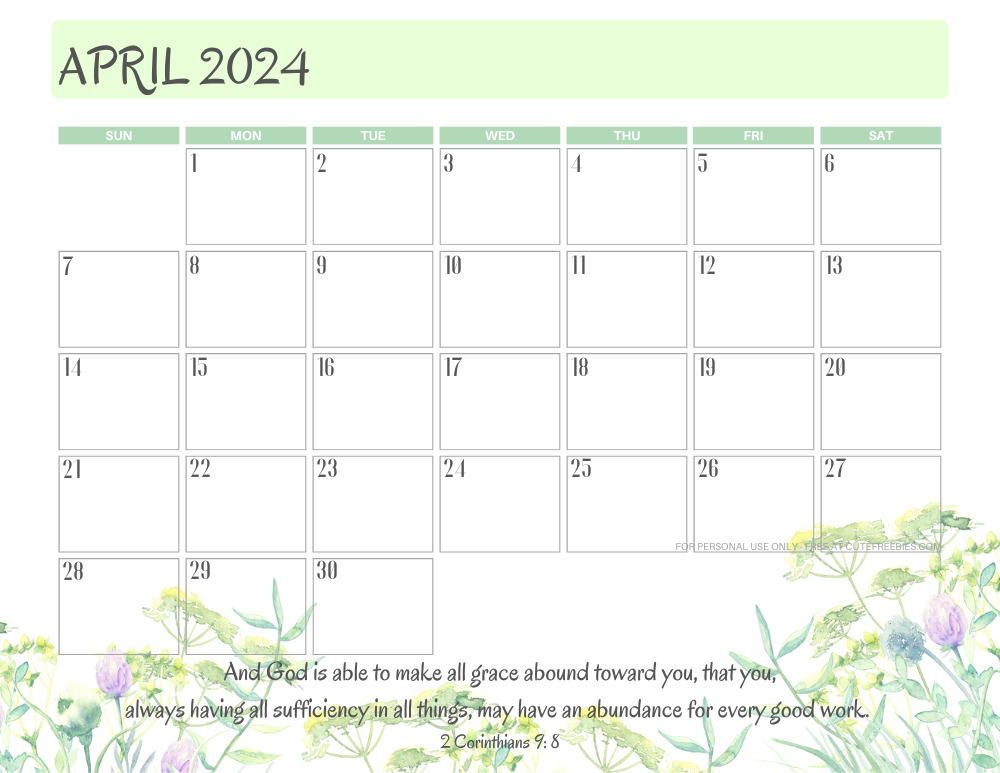 April 2024 printable calendar with Bible verse - monthly planner PDF - SEE PREVIOUS POST TO DOWNLOAD THE COMPLETE 2024 CALENDAR #cutefreebiesforyou #freeprintable