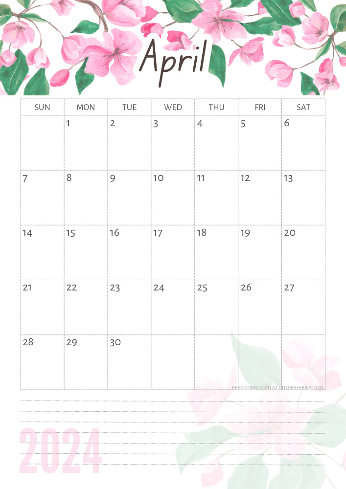 April 2024 free printable calendar with pink cherry blossoms #cutefreebiesforyou - SEE PREVIOUS POST TO DOWNLOAD THE COMPLETE 2024 CALENDAR