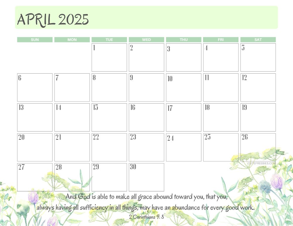 April 2025 printable calendar with Bible verse - monthly planner PDF - SEE PREVIOUS POST TO DOWNLOAD THE COMPLETE 2025 CALENDAR #cutefreebiesforyou #freeprintable #Bibleverse