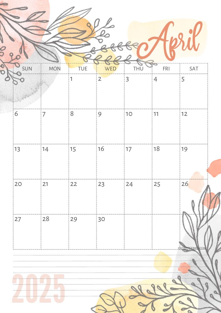 April 2025 pretty monthly calendar template free printable #cutefreebiesforyou #freeprintable - SEE PREVIOUS POST TO DOWNLOAD THE COMPLETE 2025 CALENDAR