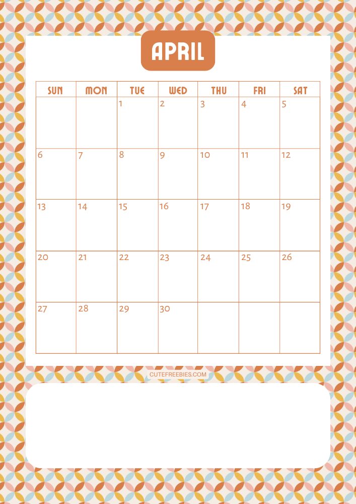 April 2025 colorful retro calendar free printable cutefreebiesforyou - SEE PREVIOUS POST TO DOWNLOAD THE COMPLETE 2025 CALENDAR