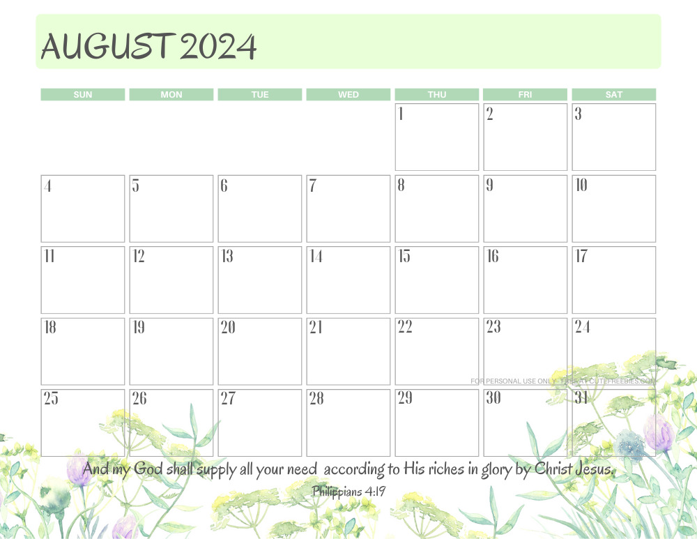 August 2024 printable calendar with Bible verse - monthly planner PDF - SEE PREVIOUS POST TO DOWNLOAD THE COMPLETE 2024 CALENDAR #cutefreebiesforyou #freeprintable