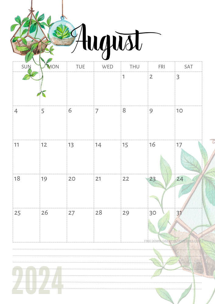 August 2024 free printable calendar with plants - CLICK PREVIOUS POST TO DOWNLOAD THE COMPLETE 2024 CALENDAR