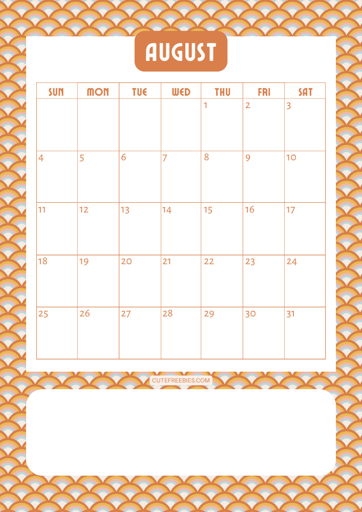 August 2024 Retro design calendar free printable cutefreebiesforyou - SEE PREVIOUS POST TO DOWNLOAD THE COMPLETE 2024 CALENDAR