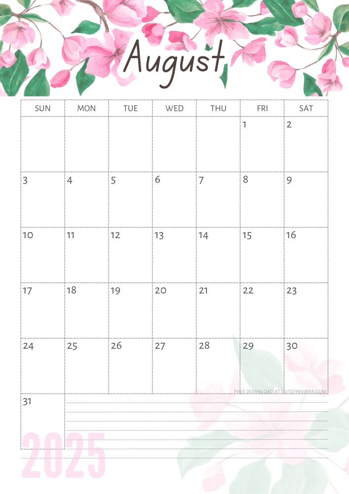 August 2025 free printable calendar with pink cherry blossoms #cutefreebiesforyou - SEE PREVIOUS POST TO DOWNLOAD THE COMPLETE 2025 CALENDAR