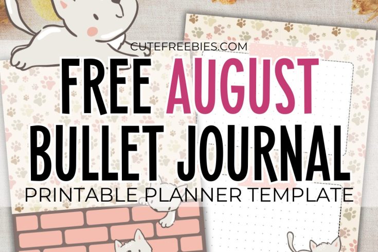Free printable August bullet journal PDF template with cozy cat theme