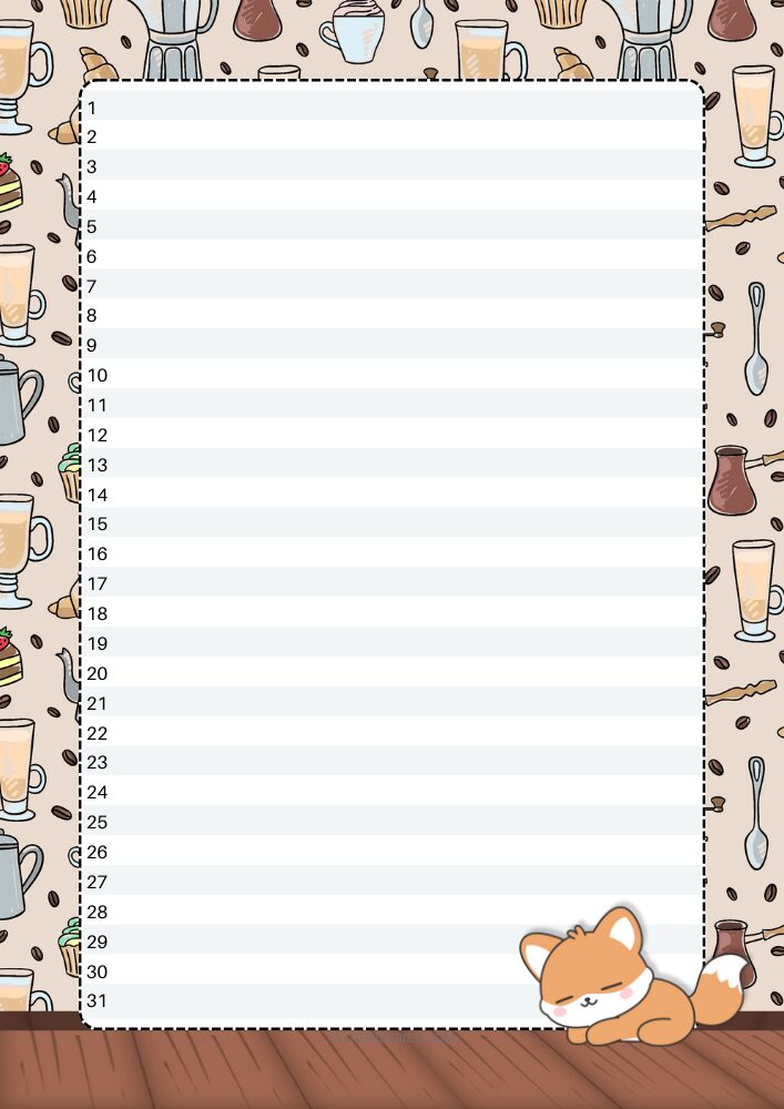 Free printable monthly log bullet journal timeline PDF template with coffee fox fall theme
