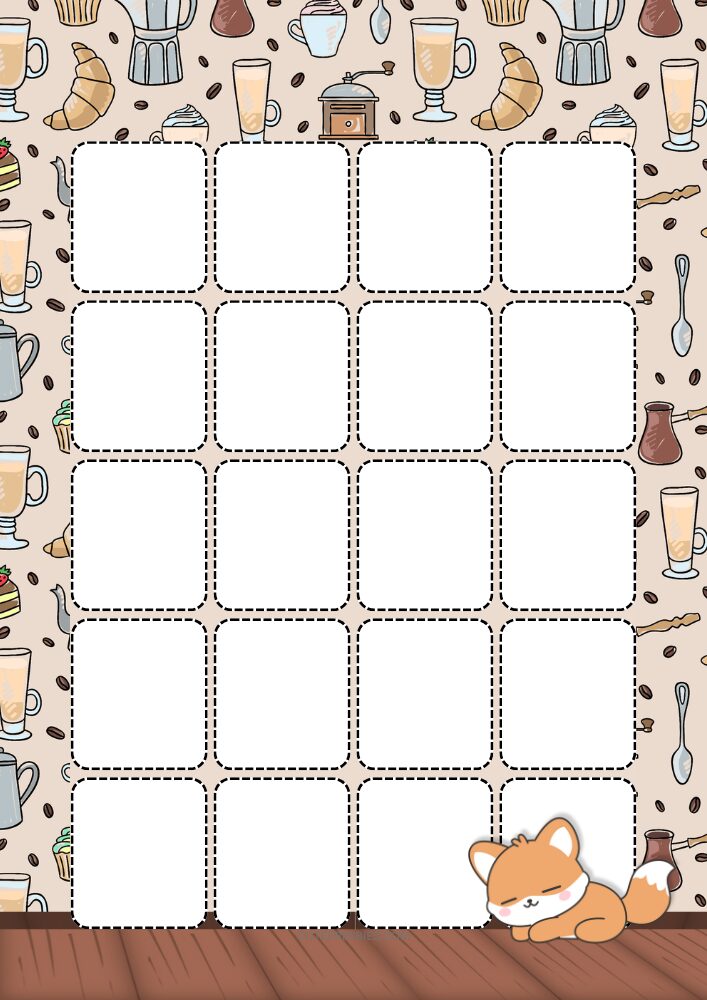 Free printable monthly calendar spread PDF template with coffee fox fall theme