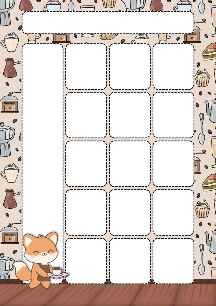 Free printable monthly calendar spread PDF template with coffee fox fall theme