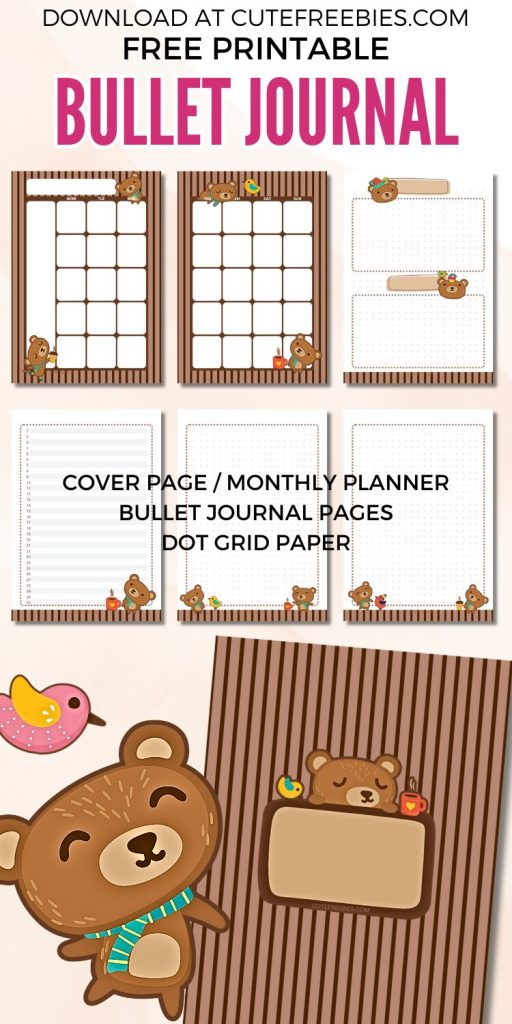 Free printable cute bullet journal - monthly planner template PDF with cute coffee and bear theme #cutefreebiesforyou #printableplanner #freeprintable #bulletjournal