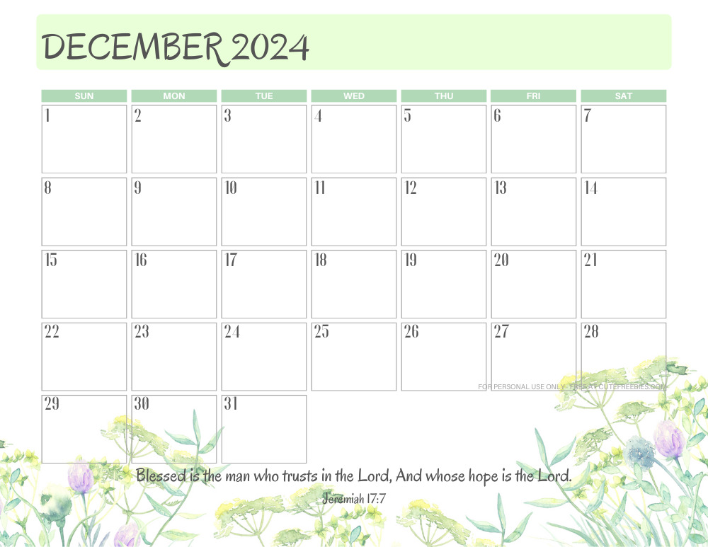 December 2024 printable calendar with Bible verse - monthly planner PDF - SEE PREVIOUS POST TO DOWNLOAD THE COMPLETE 2024 CALENDAR #cutefreebiesforyou #freeprintable