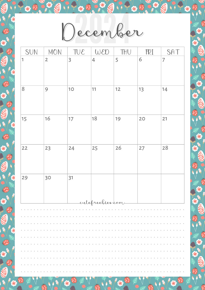 December 2024 colorful monthly calendar free printable cutefreebiesforyou - SEE PREVIOUS POST TO DOWNLOAD THE COMPLETE 2024 CALENDAR