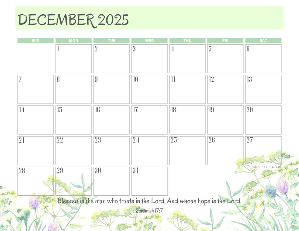 December 2025 printable calendar with Bible verse - monthly planner PDF - SEE PREVIOUS POST TO DOWNLOAD THE COMPLETE 2025 CALENDAR #cutefreebiesforyou #freeprintable #Bibleverse