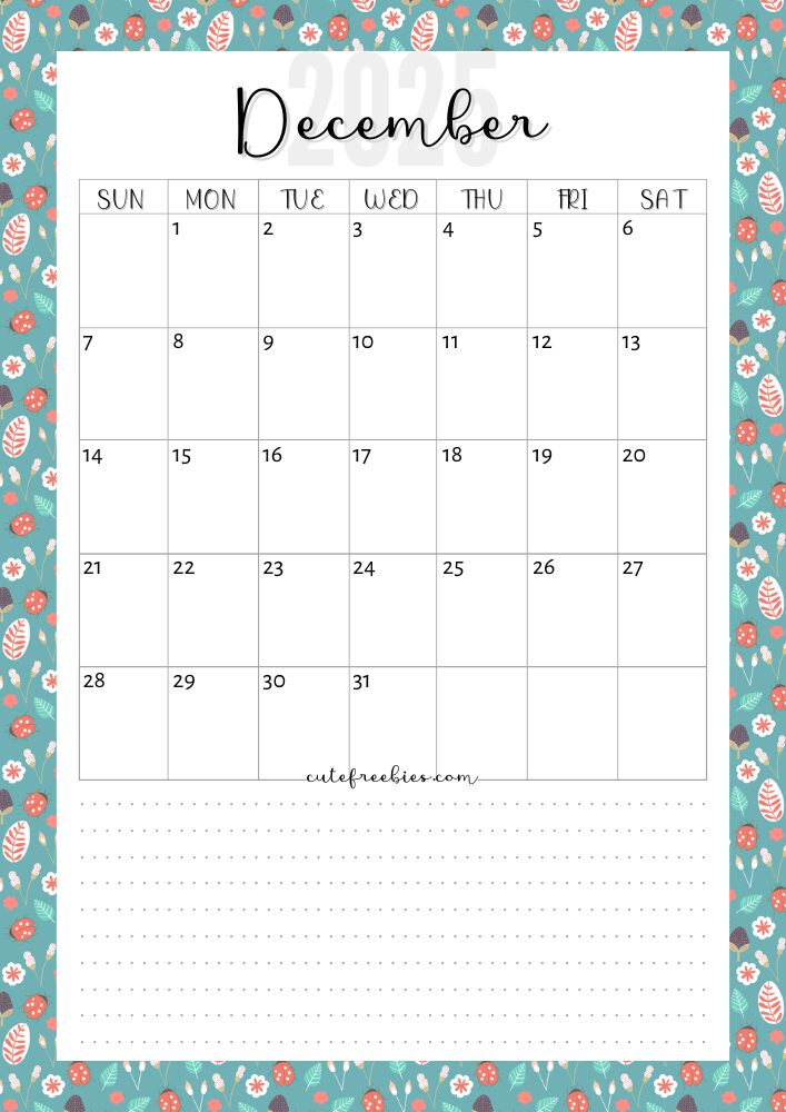 December 2025 colorful monthly calendar free printable cutefreebiesforyou - SEE PREVIOUS POST TO DOWNLOAD THE COMPLETE 2025 CALENDAR