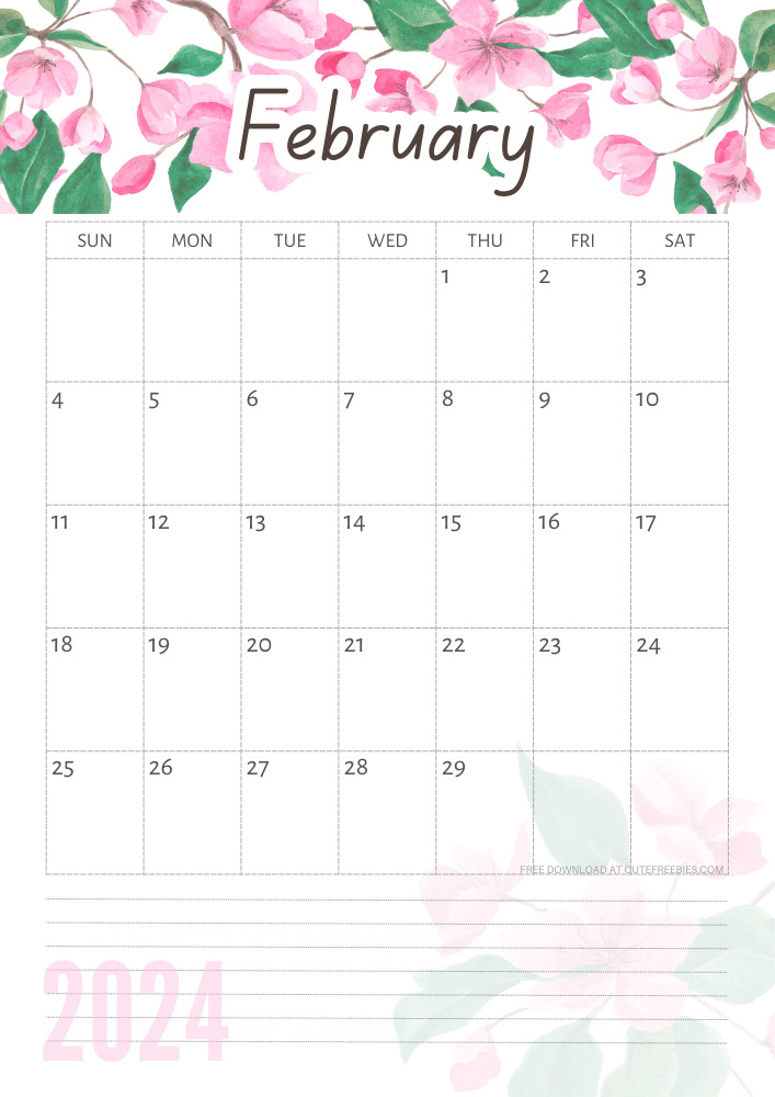 February 2024 free printable calendar with pink cherry blossoms #cutefreebiesforyou - SEE PREVIOUS POST TO DOWNLOAD THE COMPLETE 2024 CALENDAR