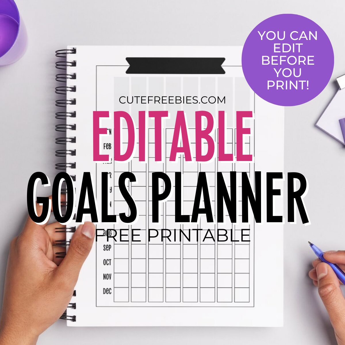 Editable Printable Goals Planner Template for 2026 - editable planner template, bullet journal goal setting printable #cutefreebiesforyou #goalsetting #bulletjournal
