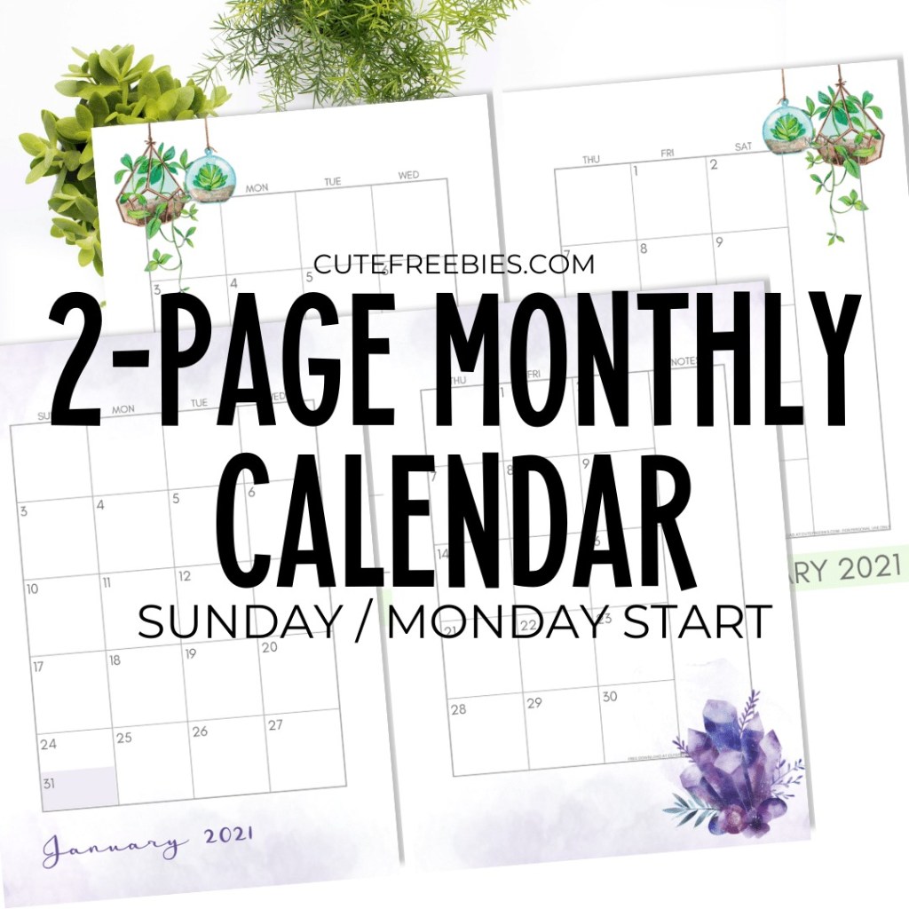 Free Printable 2023 Monthly Calendar two page spread, calendar in two pages. Get your free PDF download now! #freeprintable #cutefreebiesforyou #crystals #hangingplants #diyplanner #homebinder