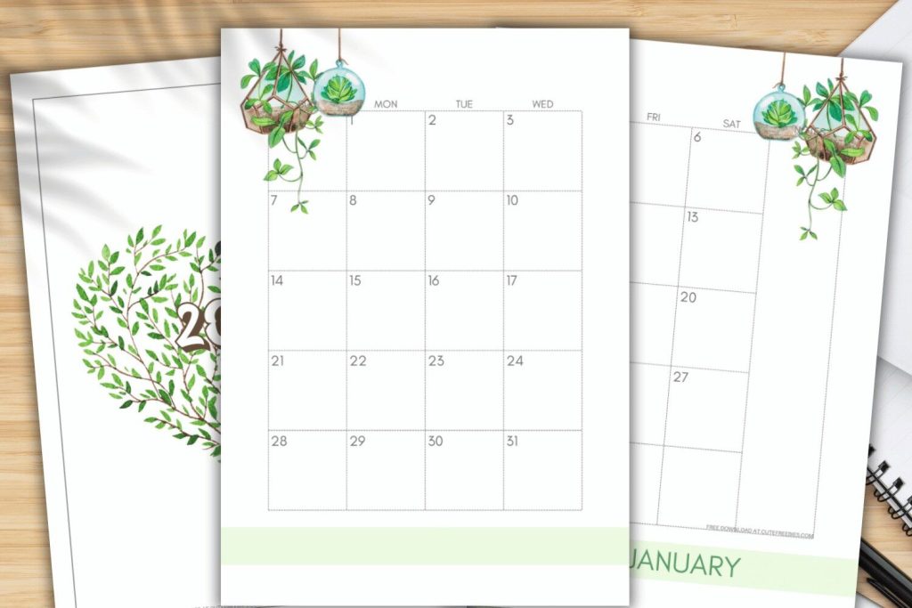 Green Free Printable Monthly Calendar two page spread, calendar in two pages.