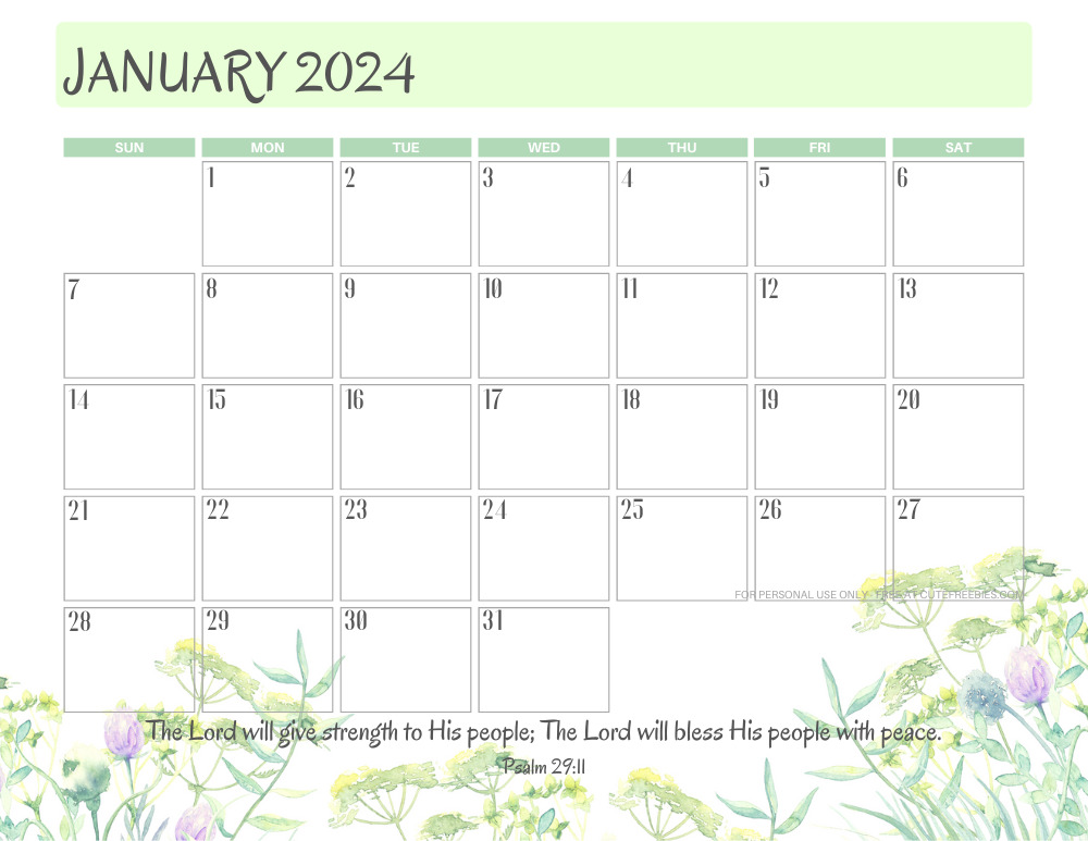 January 2024 printable calendar with Bible verse - monthly planner PDF - SEE PREVIOUS POST TO DOWNLOAD THE COMPLETE 2024 CALENDAR #cutefreebiesforyou #freeprintable