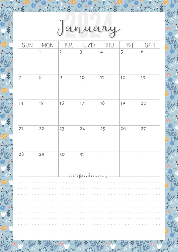 January 2024 colorful monthly calendar free printable cutefreebiesforyou - SEE PREVIOUS POST TO DOWNLOAD THE COMPLETE 2024 CALENDAR