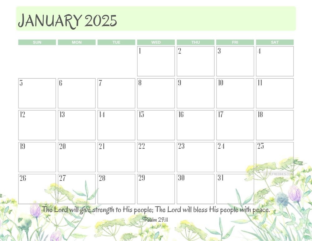 January 2025 printable calendar with Bible verse - monthly planner PDF - SEE PREVIOUS POST TO DOWNLOAD THE COMPLETE 2025 CALENDAR #cutefreebiesforyou #freeprintable #Bibleverse