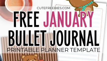 Free printable January bullet journal - monthly planner template PDF with cute coffee and bear theme #cutefreebiesforyou #printableplanner #freeprintable #bulletjournal