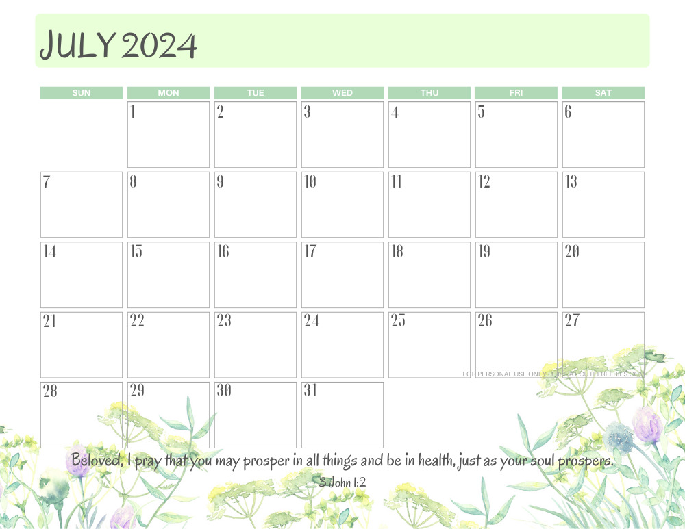 July 2024 printable calendar with Bible verse - monthly planner PDF - SEE PREVIOUS POST TO DOWNLOAD THE COMPLETE 2024 CALENDAR #cutefreebiesforyou #freeprintable