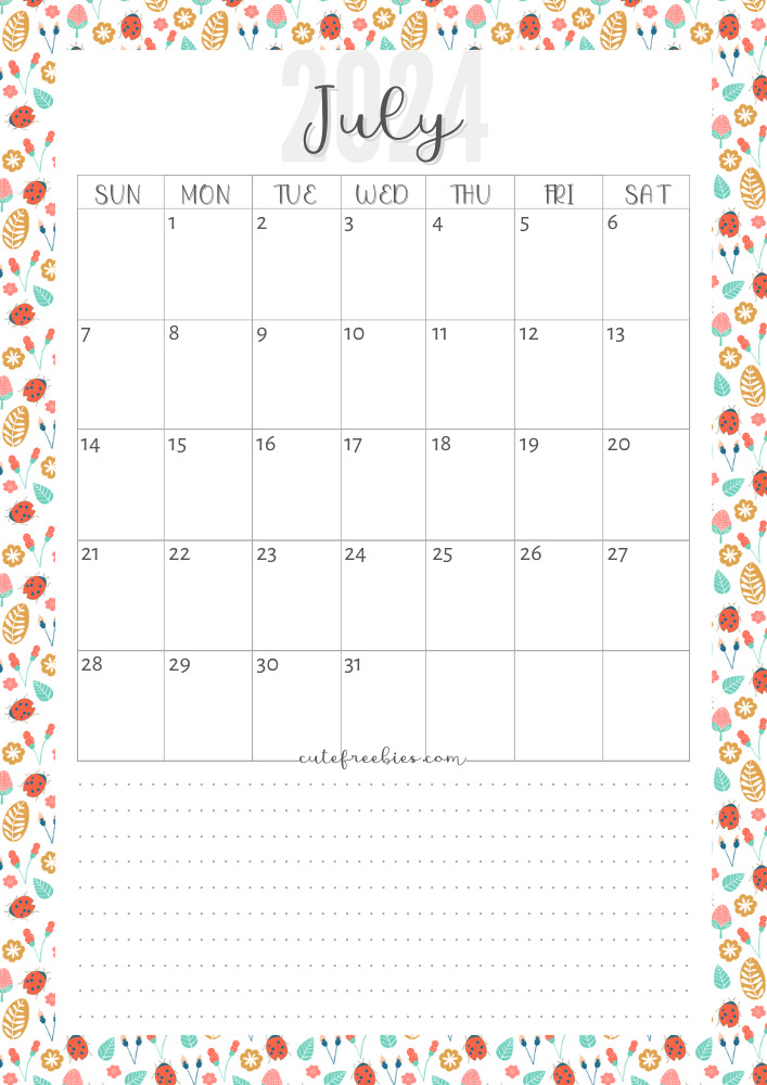 July 2024 colorful monthly calendar free printable cutefreebiesforyou - SEE PREVIOUS POST TO DOWNLOAD THE COMPLETE 2024 CALENDAR