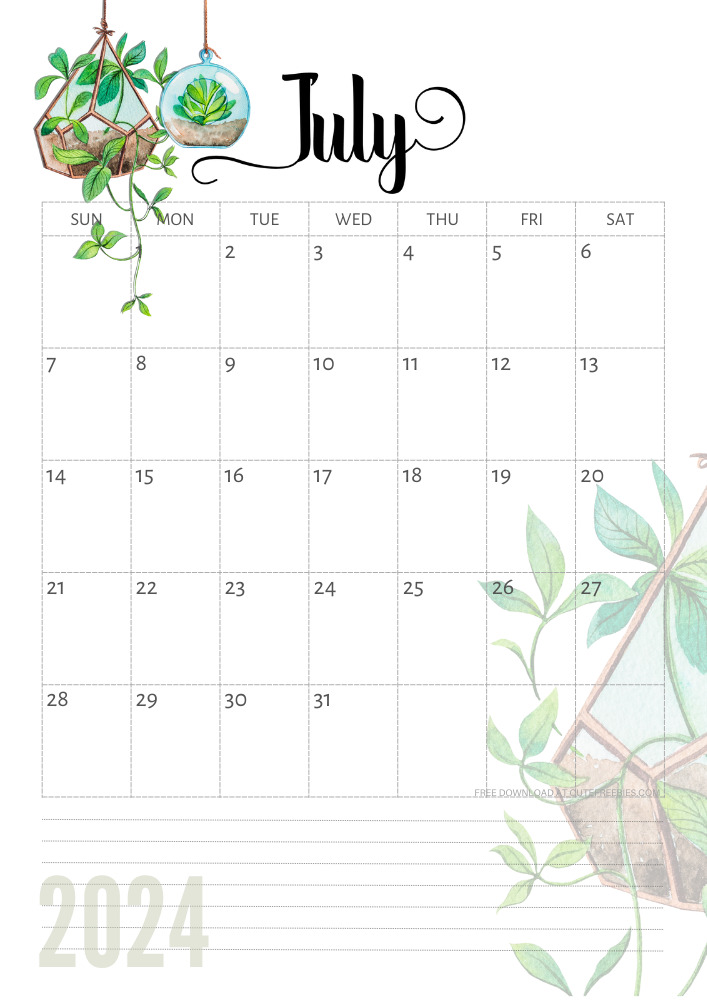 July 2024 free printable calendar with plants - CLICK PREVIOUS POST TO DOWNLOAD THE COMPLETE 2024 CALENDAR