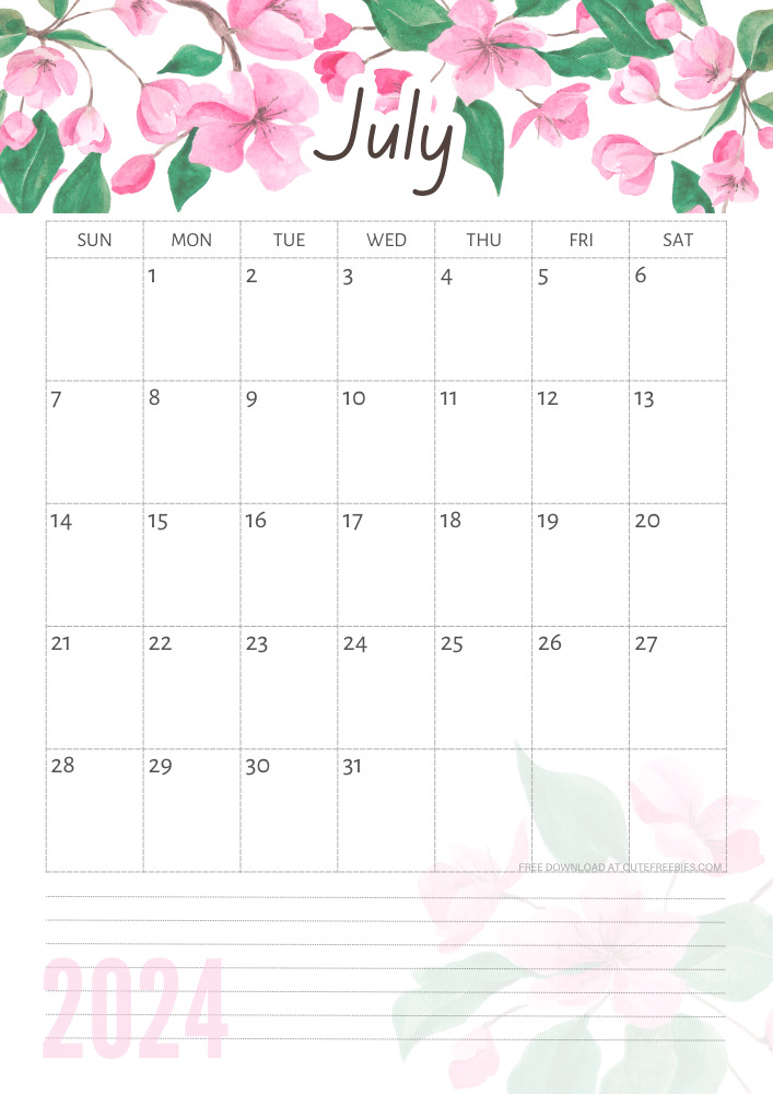 July 2024 free printable calendar with pink cherry blossoms #cutefreebiesforyou - SEE PREVIOUS POST TO DOWNLOAD THE COMPLETE 2024 CALENDAR