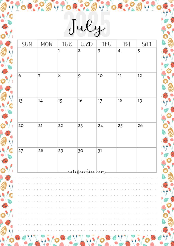 July 2025 colorful monthly calendar free printable cutefreebiesforyou - SEE PREVIOUS POST TO DOWNLOAD THE COMPLETE 2025 CALENDAR