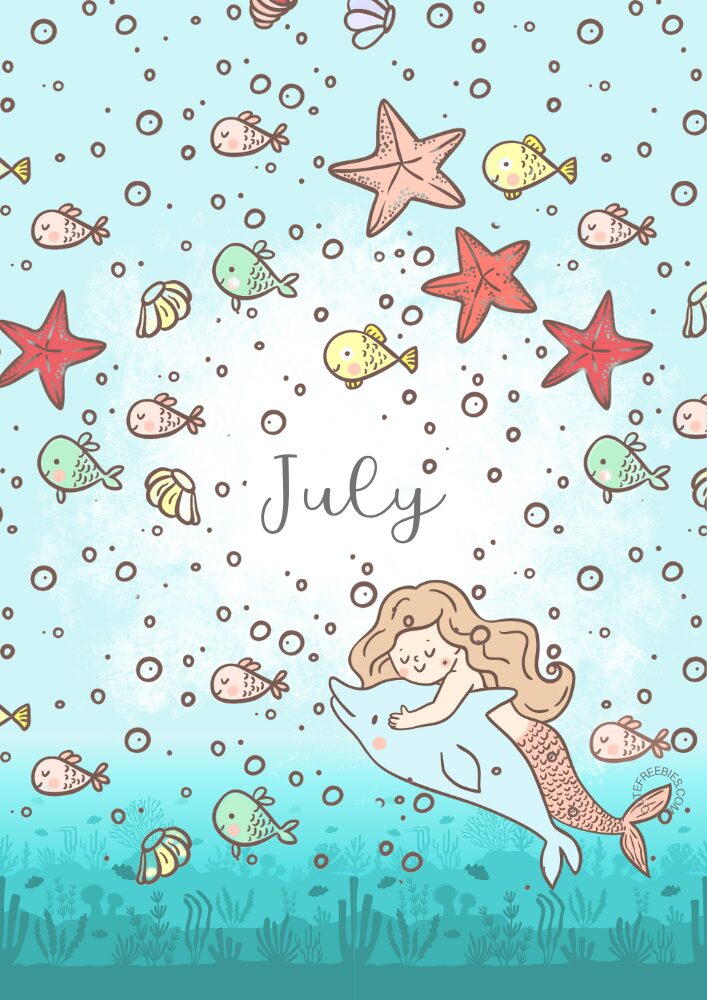 Free printable July bullet journal PDF template with mermaids and underwater sea theme