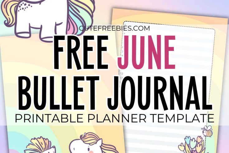 Free printable June bullet journal PDF template with rainbow theme and colorful animals