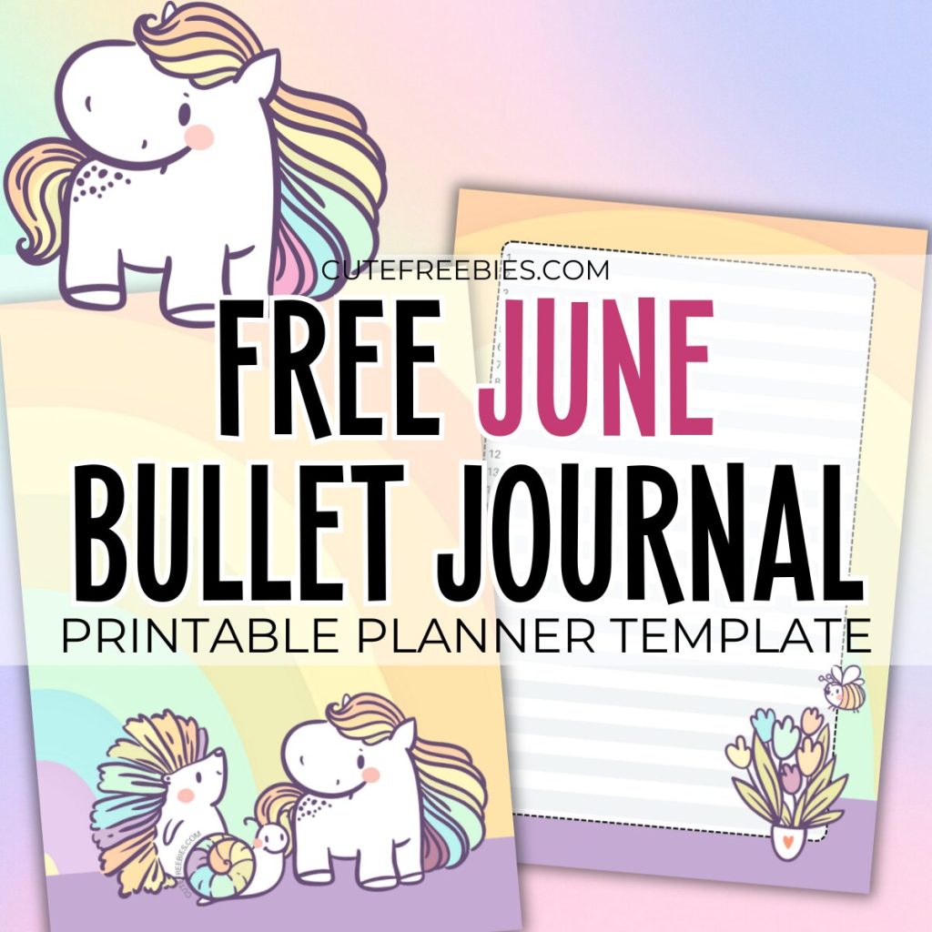 Free printable June bullet journal PDF template with rainbow theme and colorful animals