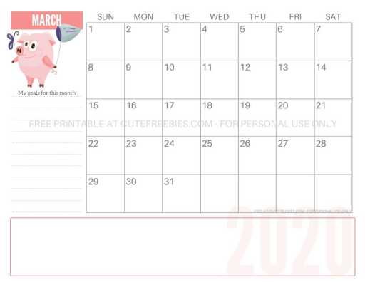 March 2020 calendar printable pdf - cute pigs monthly goals planner! #freeprintable #cutefreebiesforyou #cutepigs