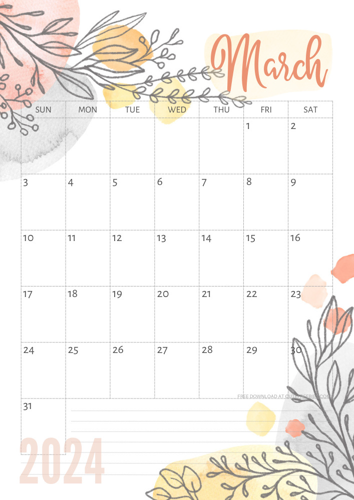 March 2024 pretty monthly calendar template free printable #cutefreebiesforyou #freeprintable - SEE PREVIOUS POST TO DOWNLOAD THE COMPLETE 2024 CALENDAR