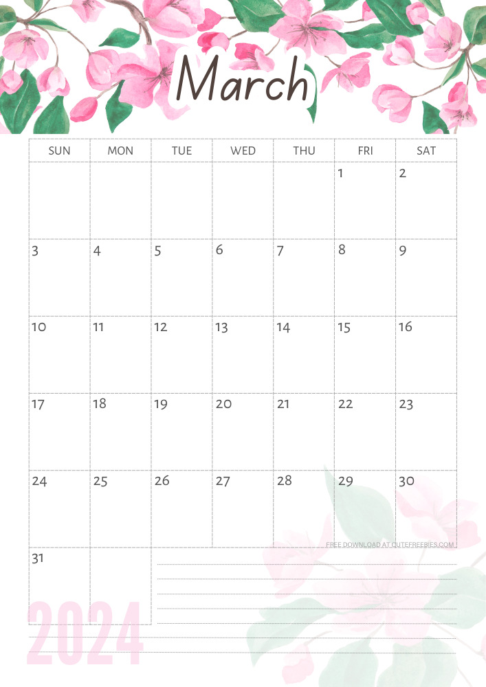 March 2024 free printable calendar with pink cherry blossoms #cutefreebiesforyou - SEE PREVIOUS POST TO DOWNLOAD THE COMPLETE 2024 CALENDAR