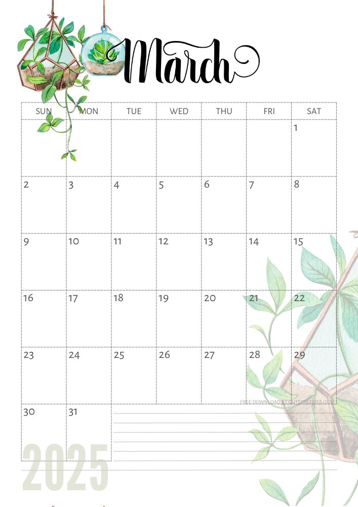 March 2025 free printable calendar with green plants - CLICK PREVIOUS POST TO DOWNLOAD THE COMPLETE 2025 CALENDAR