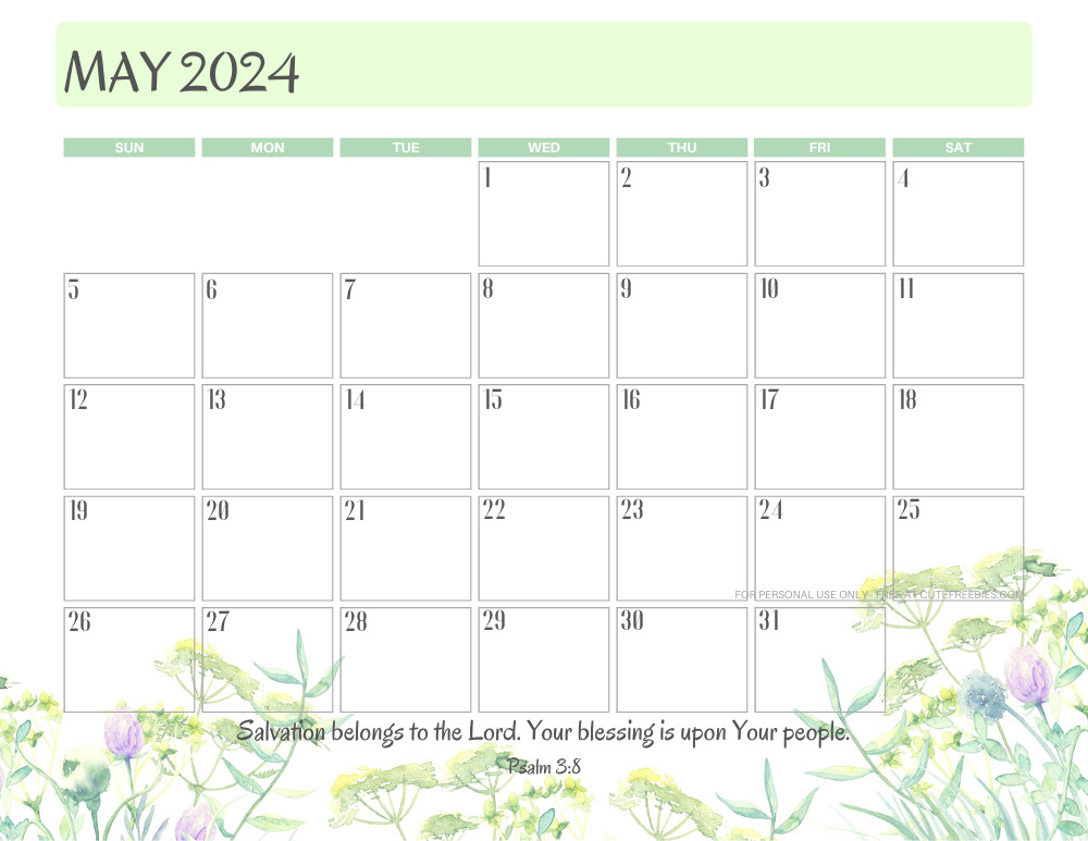May 2024 printable calendar with Bible verse - monthly planner PDF - SEE PREVIOUS POST TO DOWNLOAD THE COMPLETE 2024 CALENDAR #cutefreebiesforyou #freeprintable