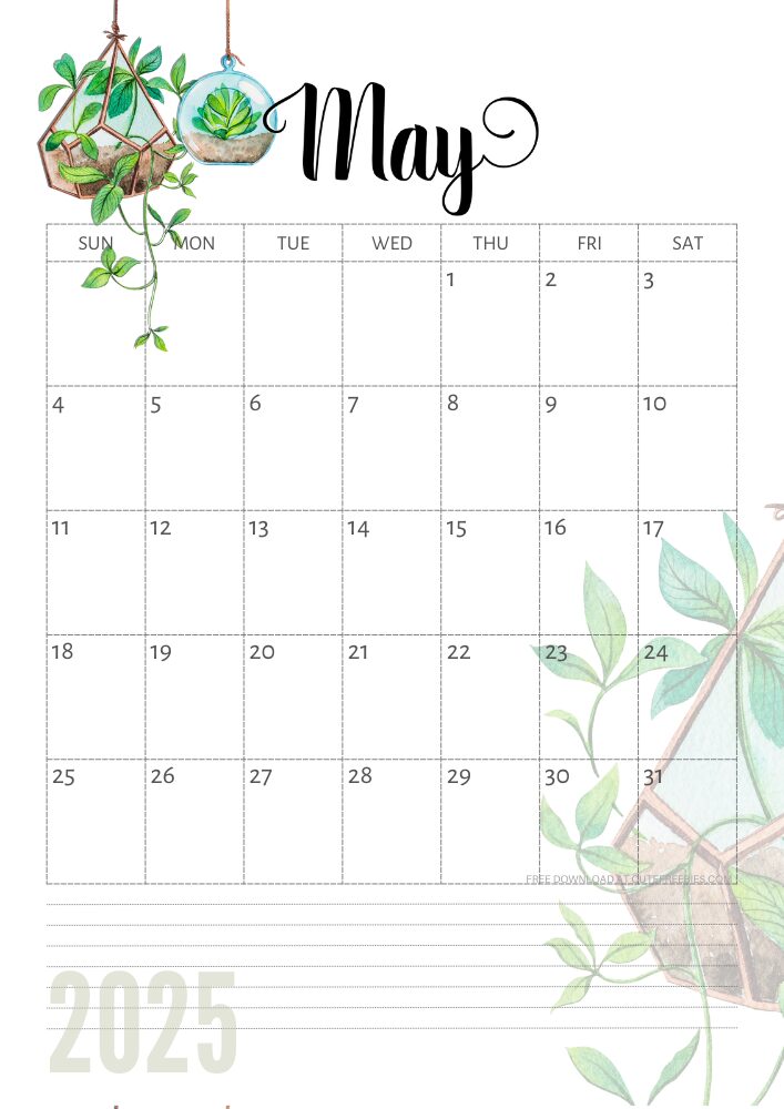 May 2025 free printable calendar with green plants - CLICK PREVIOUS POST TO DOWNLOAD THE COMPLETE 2025 CALENDAR
