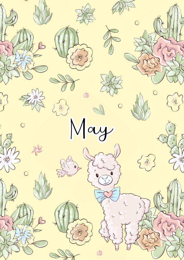 Free printable May bullet journal - monthly planner template PDF with cute llama yellow floral theme #cutefreebiesforyou #printableplanner #freeprintable #bulletjournal #llama