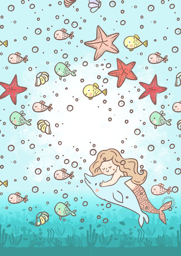 Free printable July bullet journal PDF template with cute mermaids and underwater sea theme