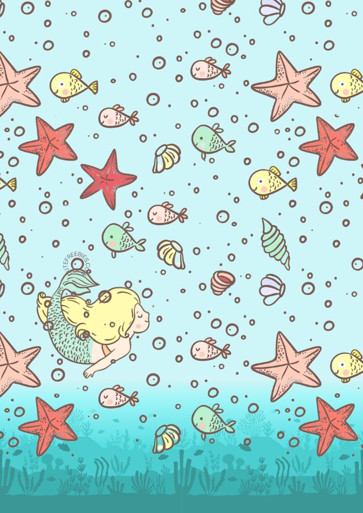 Free printable bullet journal PDF template with cute mermaids and underwater sea theme