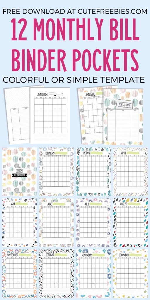 Monthly bill organizer with pockets template, free printable bill payment binder PDF, bill tracker template #cutefreebiesforyou #budgetplanner #freeprintable