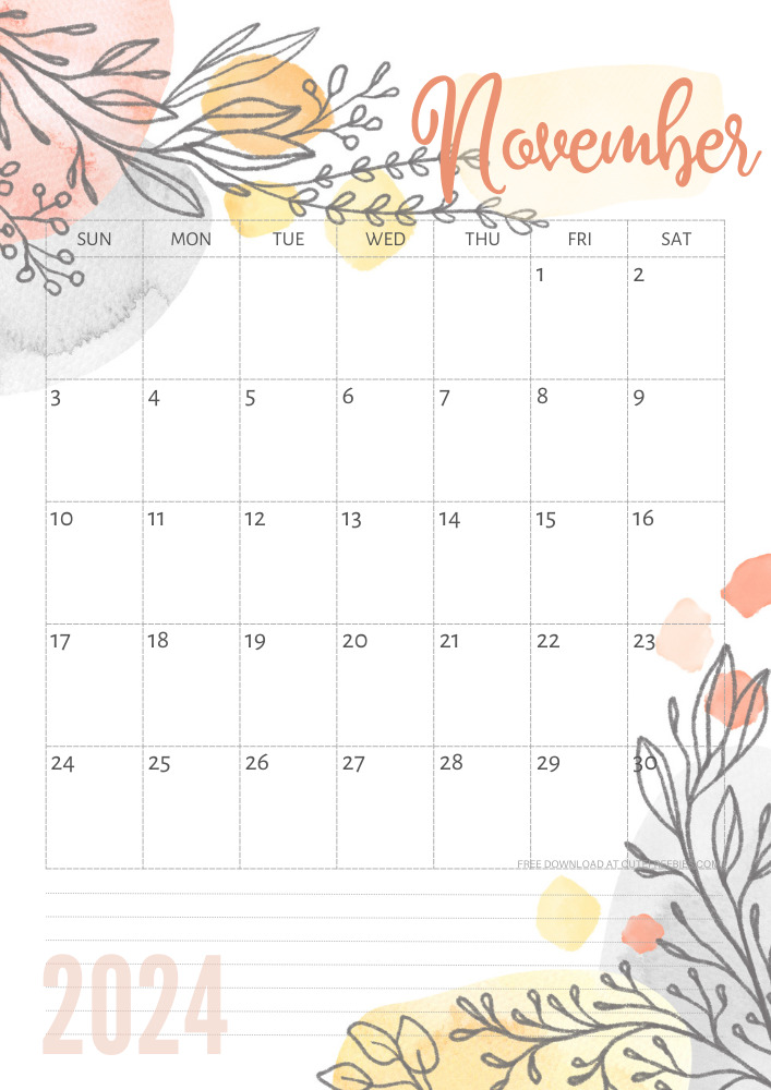November 2024 pretty monthly calendar template free printable #cutefreebiesforyou #freeprintable - SEE PREVIOUS POST TO DOWNLOAD THE COMPLETE 2024 CALENDAR