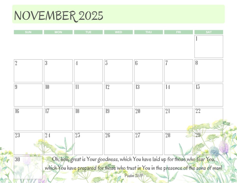 November 2025 printable calendar with Bible verse - monthly planner PDF - SEE PREVIOUS POST TO DOWNLOAD THE COMPLETE 2025 CALENDAR #cutefreebiesforyou #freeprintable #Bibleverse